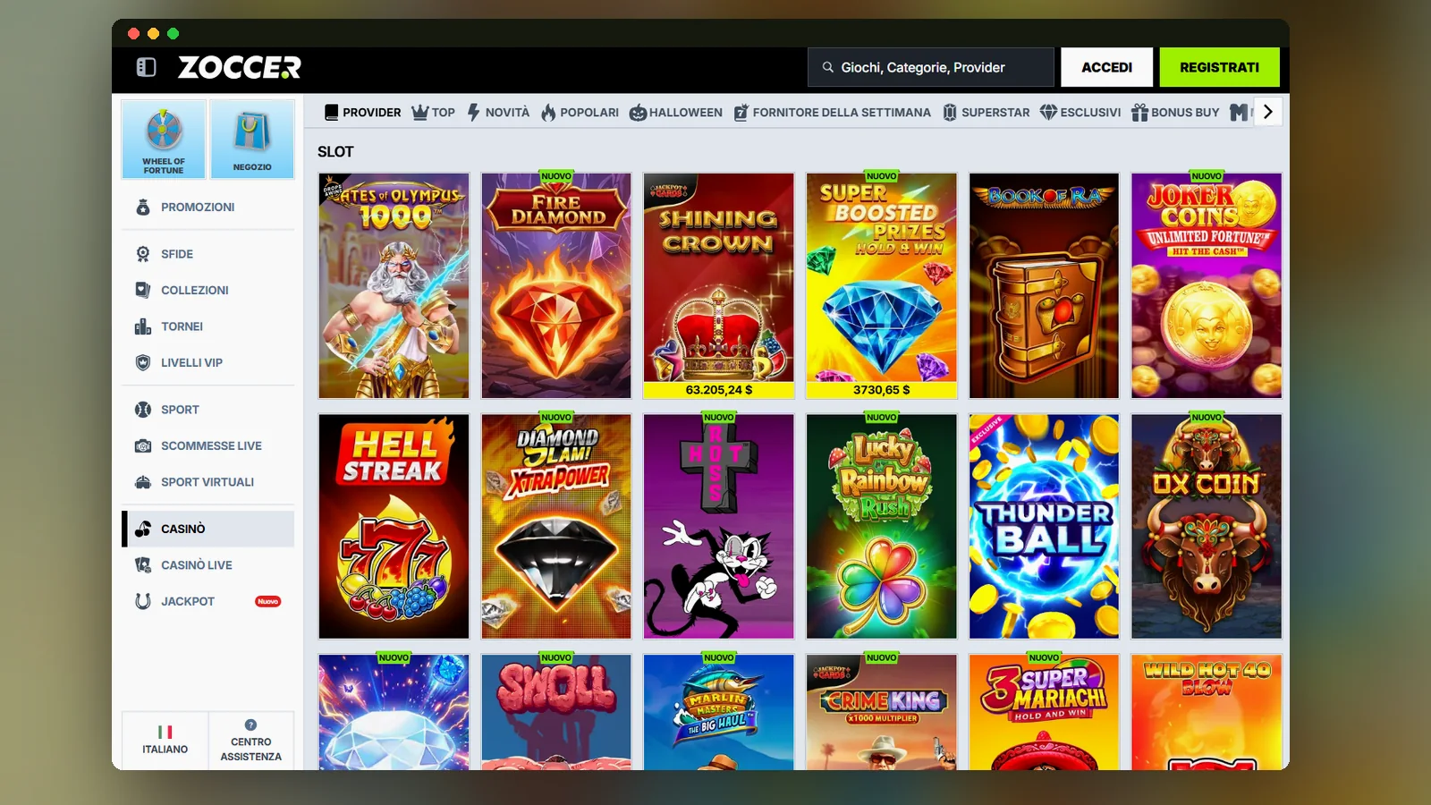 La lobby Slot di Zoccer: griglia di copertine, filtri Provider, Top, Novità e Popolari e menu laterale con Casinò, Sport e Jackpot