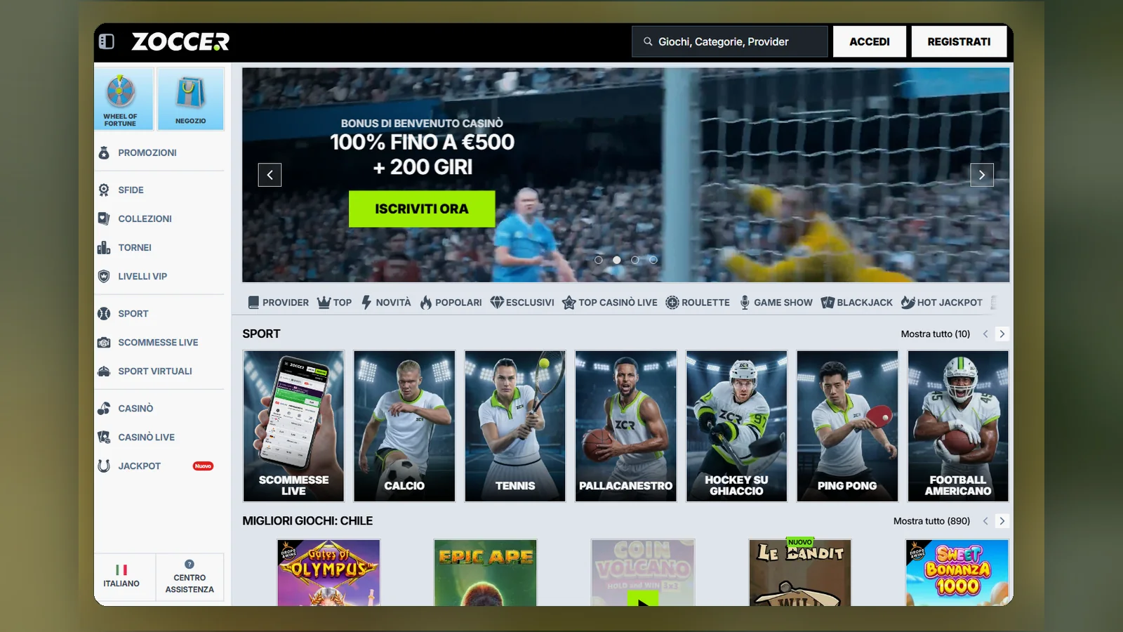 La home di Zoccer con il menu laterale, il banner promozionale e la riga Sport con calcio, tennis e pallacanestro