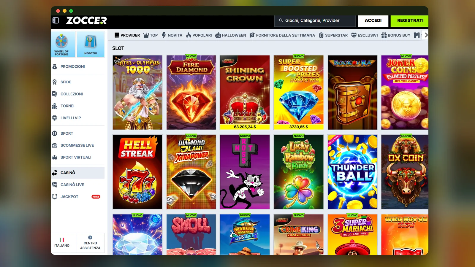 La lobby Slot di Zoccer: griglia di copertine, filtri Provider, Top, Novità e Popolari e menu laterale con Casinò, Sport e Jackpot