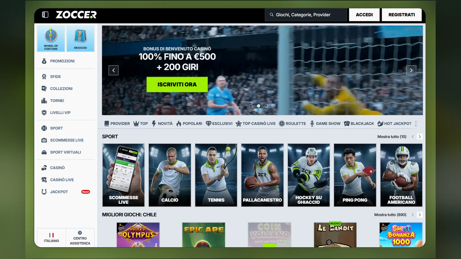 La home di Zoccer con il menu laterale, il banner promozionale e la riga Sport con calcio, tennis e pallacanestro