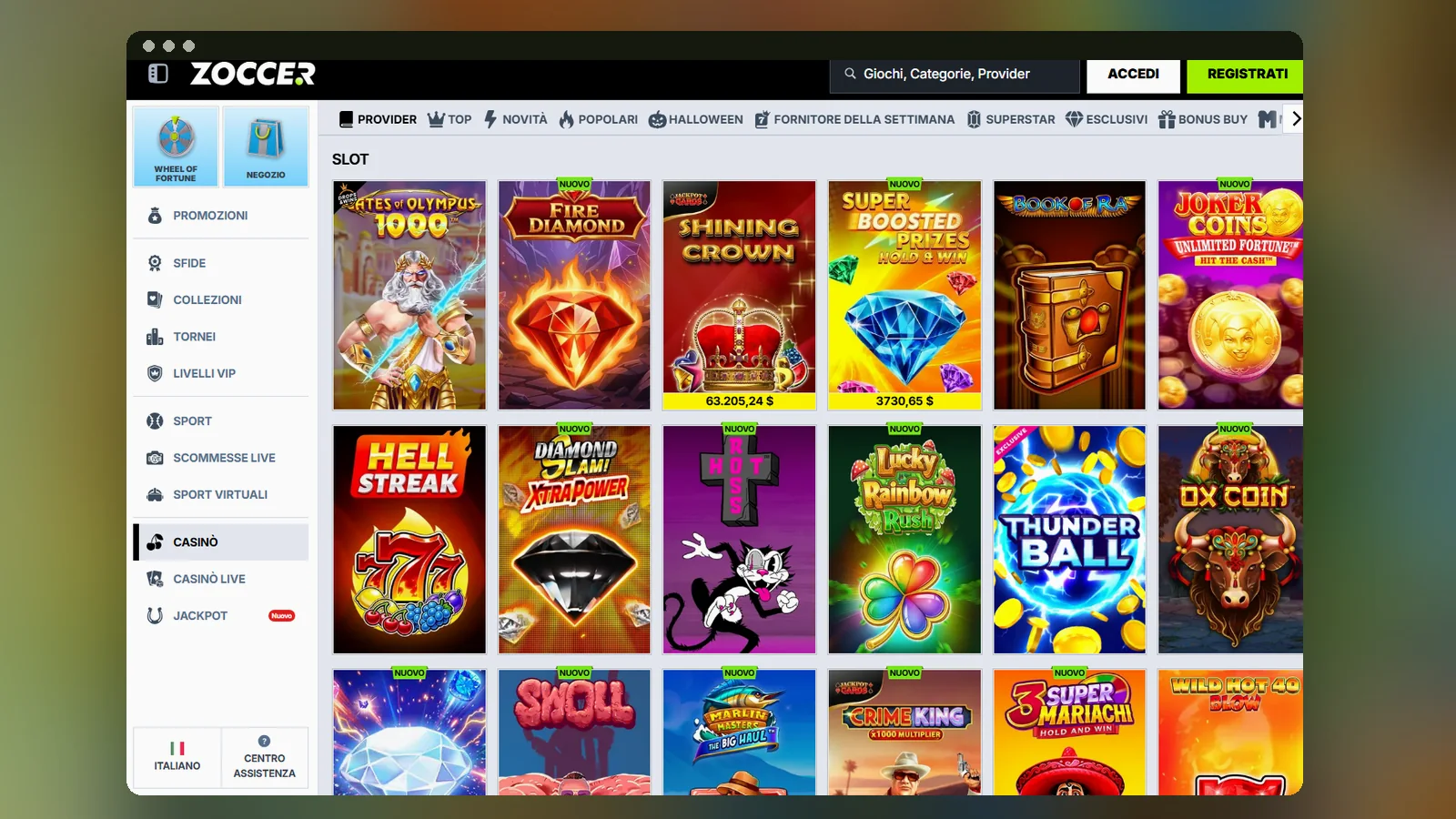 La lobby Slot di Zoccer: griglia di copertine, filtri Provider, Top, Novità e Popolari e menu laterale con Casinò, Sport e Jackpot