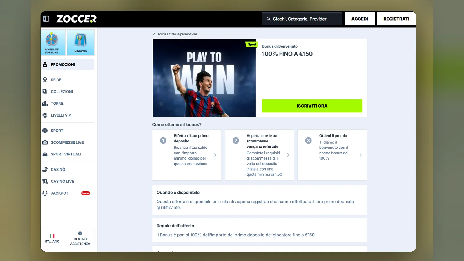 La pagina del bonus di benvenuto sport di Zoccer: 100% fino a €150, i tre passaggi per ottenerlo e le regole dell'offerta