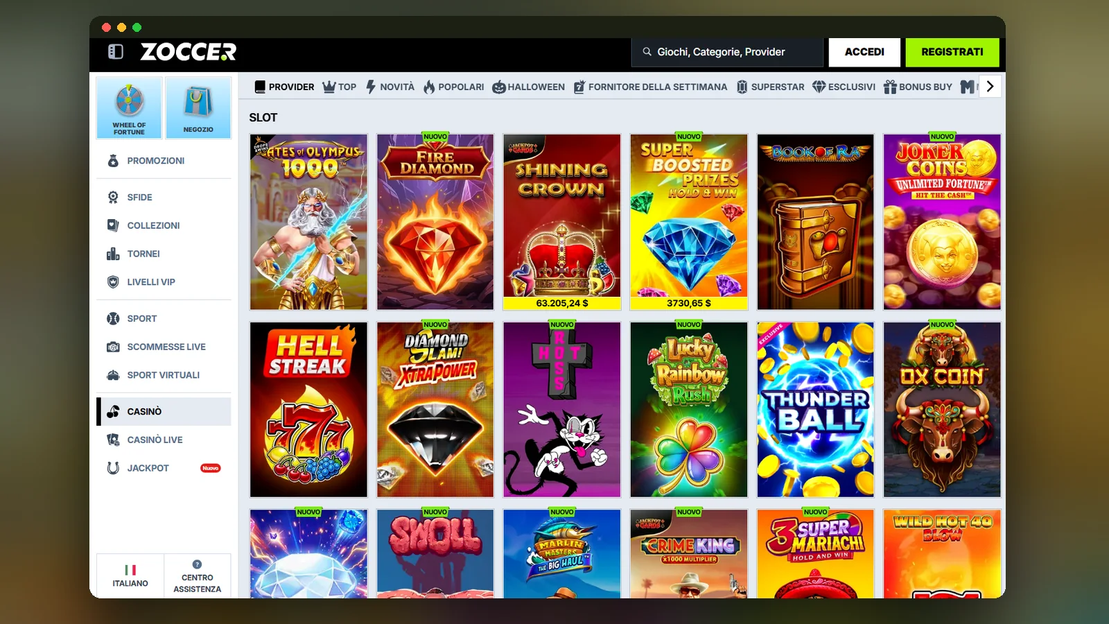 La lobby Slot di Zoccer: griglia di copertine, filtri Provider, Top, Novità e Popolari e menu laterale con Casinò, Sport e Jackpot