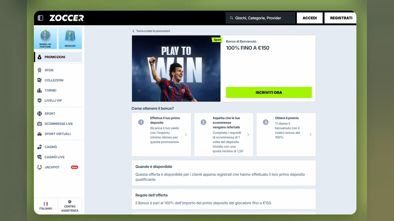 La pagina del bonus di benvenuto sport di Zoccer: 100% fino a €150, i tre passaggi per ottenerlo e le regole dell'offerta