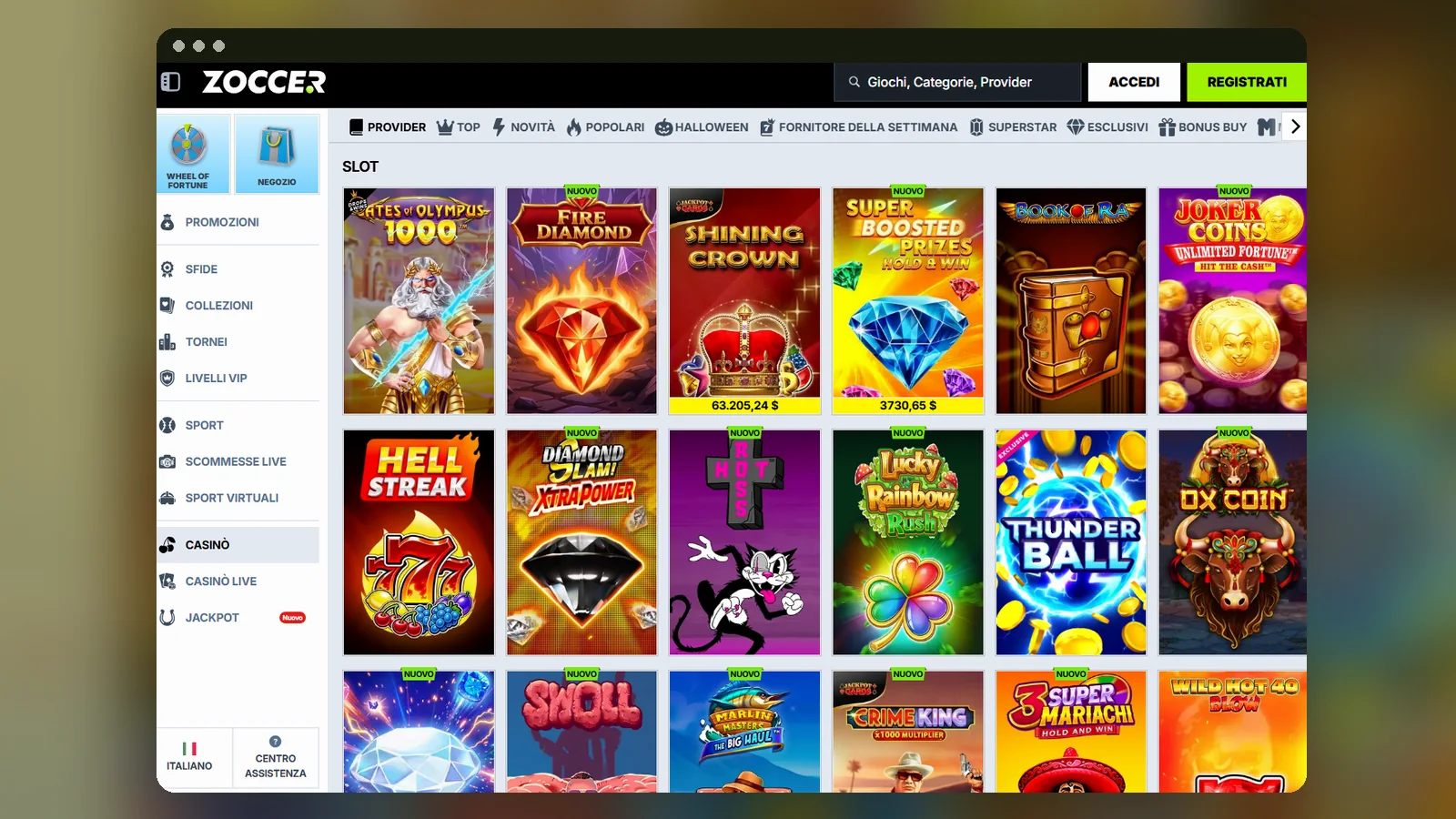 La lobby Slot di Zoccer: griglia di copertine, filtri Provider, Top, Novità e Popolari e menu laterale con Casinò, Sport e Jackpot