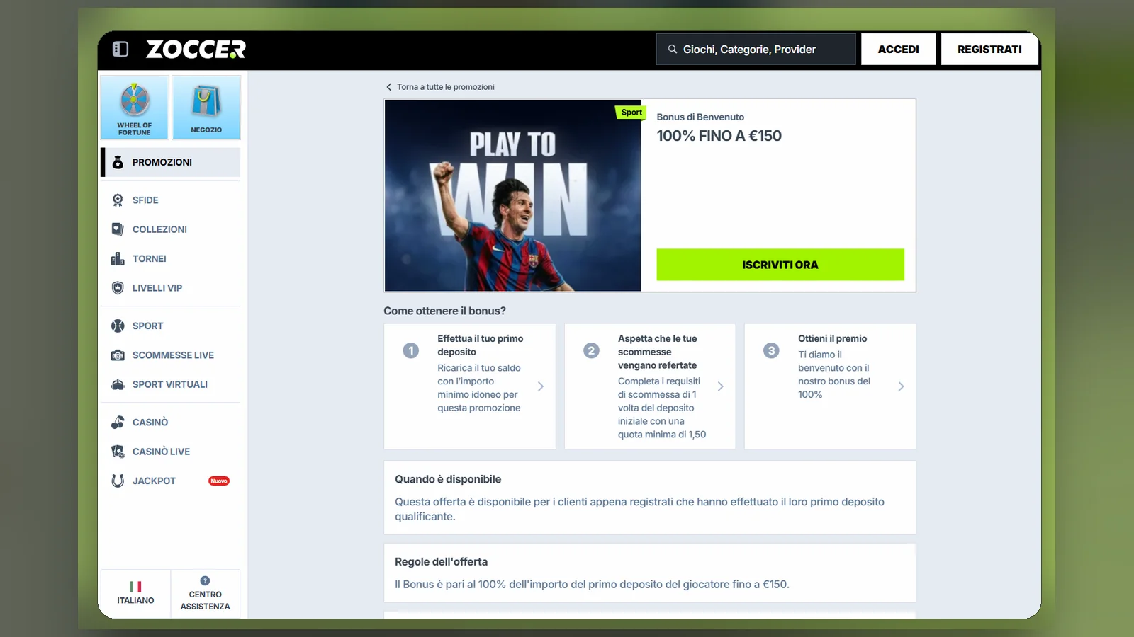 La pagina del bonus di benvenuto sport di Zoccer: 100% fino a €150, i tre passaggi per ottenerlo e le regole dell'offerta
