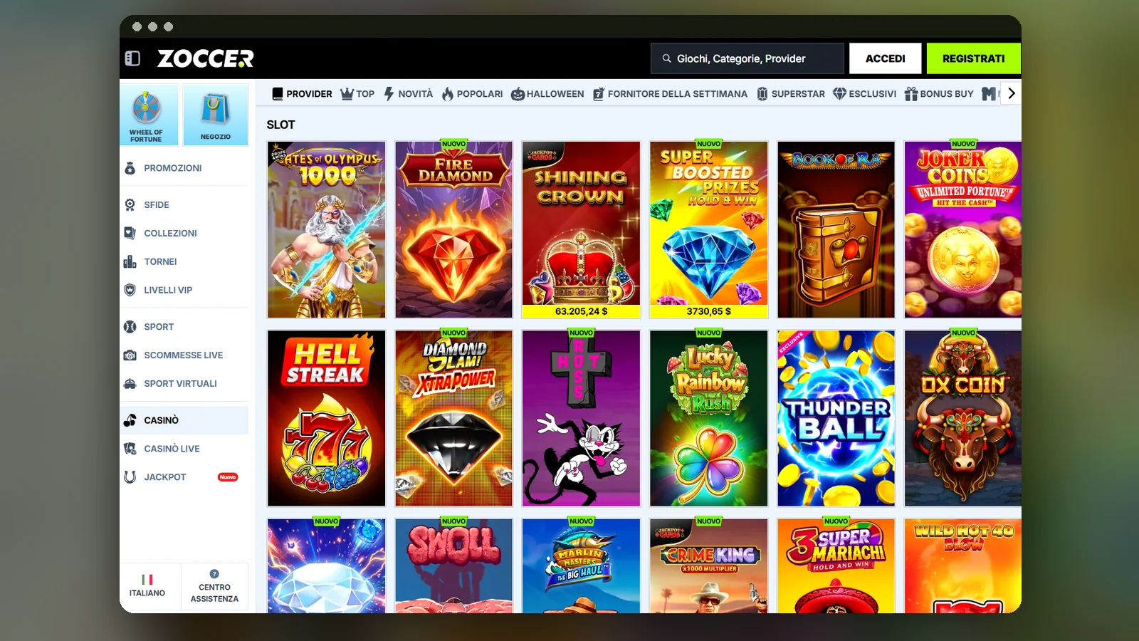 La lobby Slot di Zoccer: griglia di copertine, filtri Provider, Top, Novità e Popolari e menu laterale con Casinò, Sport e Jackpot