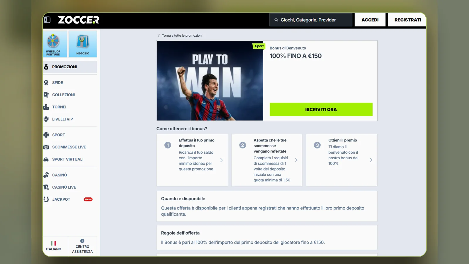 La pagina del bonus di benvenuto sport di Zoccer: 100% fino a €150, i tre passaggi per ottenerlo e le regole dell'offerta