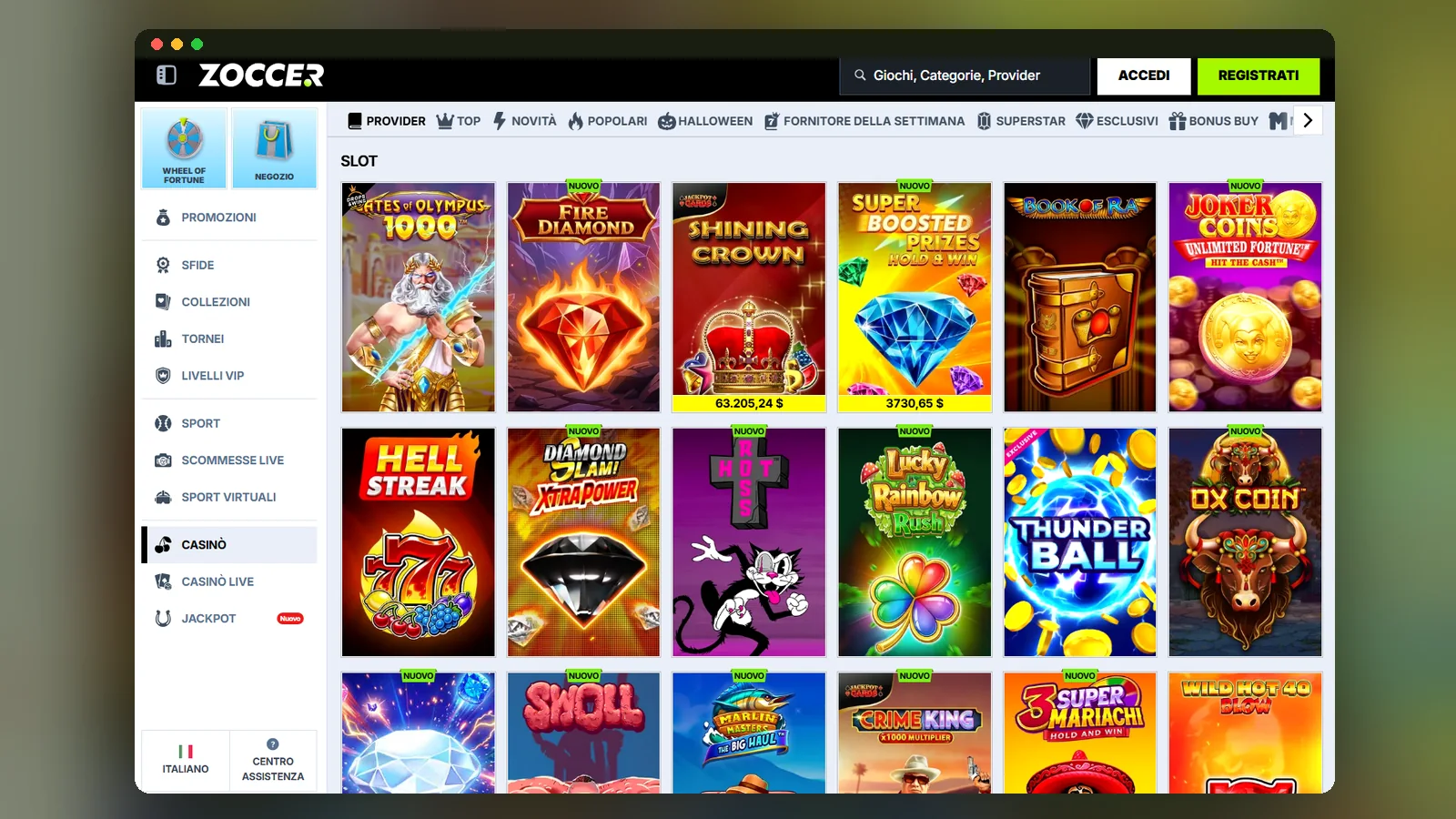Il menu laterale di Zoccer con le voci Sport, Scommesse live e Sport virtuali e la lobby delle slot