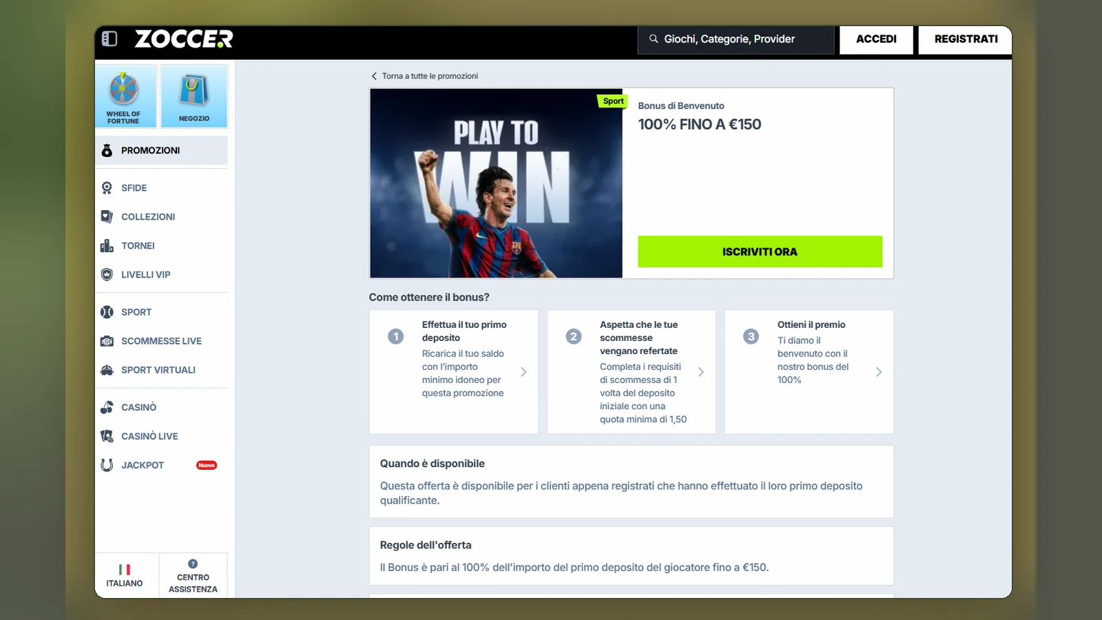 La pagina del bonus di benvenuto sport di Zoccer: 100% fino a €150, i tre passaggi per ottenerlo e le regole dell'offerta