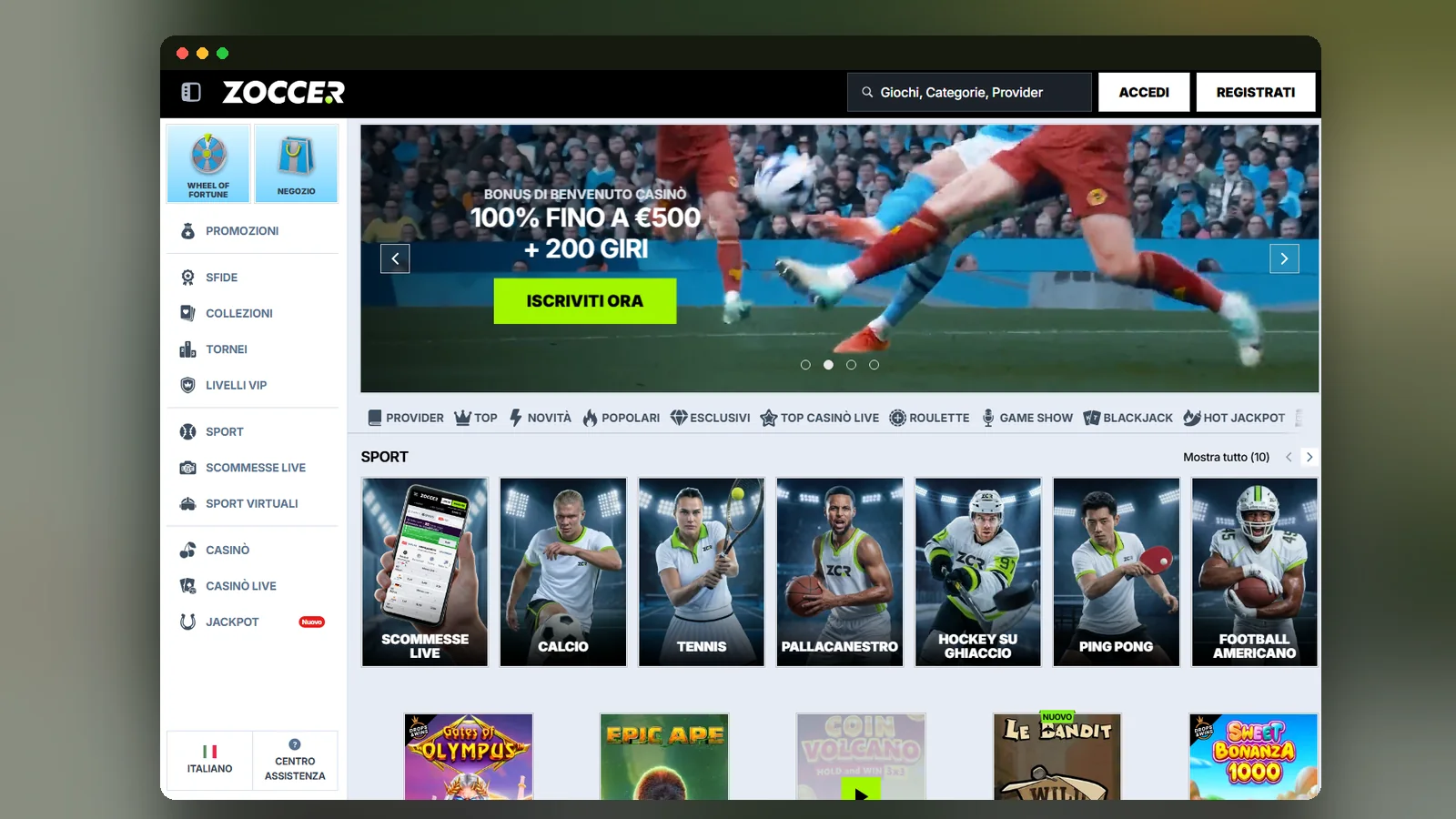 La home di Zoccer con il menu laterale, il banner promozionale e la riga Sport con calcio, tennis e pallacanestro