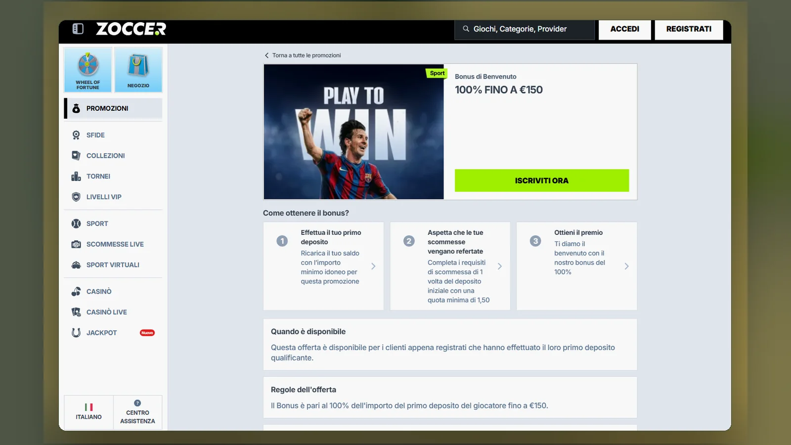 La pagina del bonus di benvenuto sport di Zoccer: 100% fino a €150, i tre passaggi per ottenerlo e le regole dell'offerta